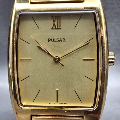 Seiko Pulsar Watch Men 28mm Gold Dial Gold Tone Rectangle V501-X106 New Battery1