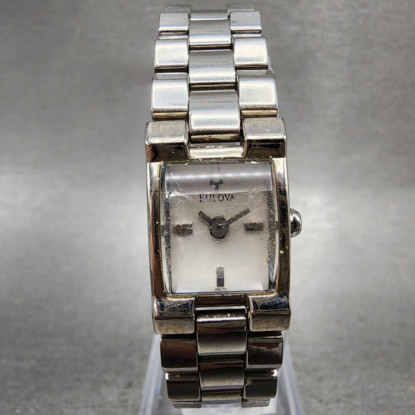 Bulova Tank Watch Women 15mm Silver Dial Silver Tone Rectangle 96L70 New Battery0