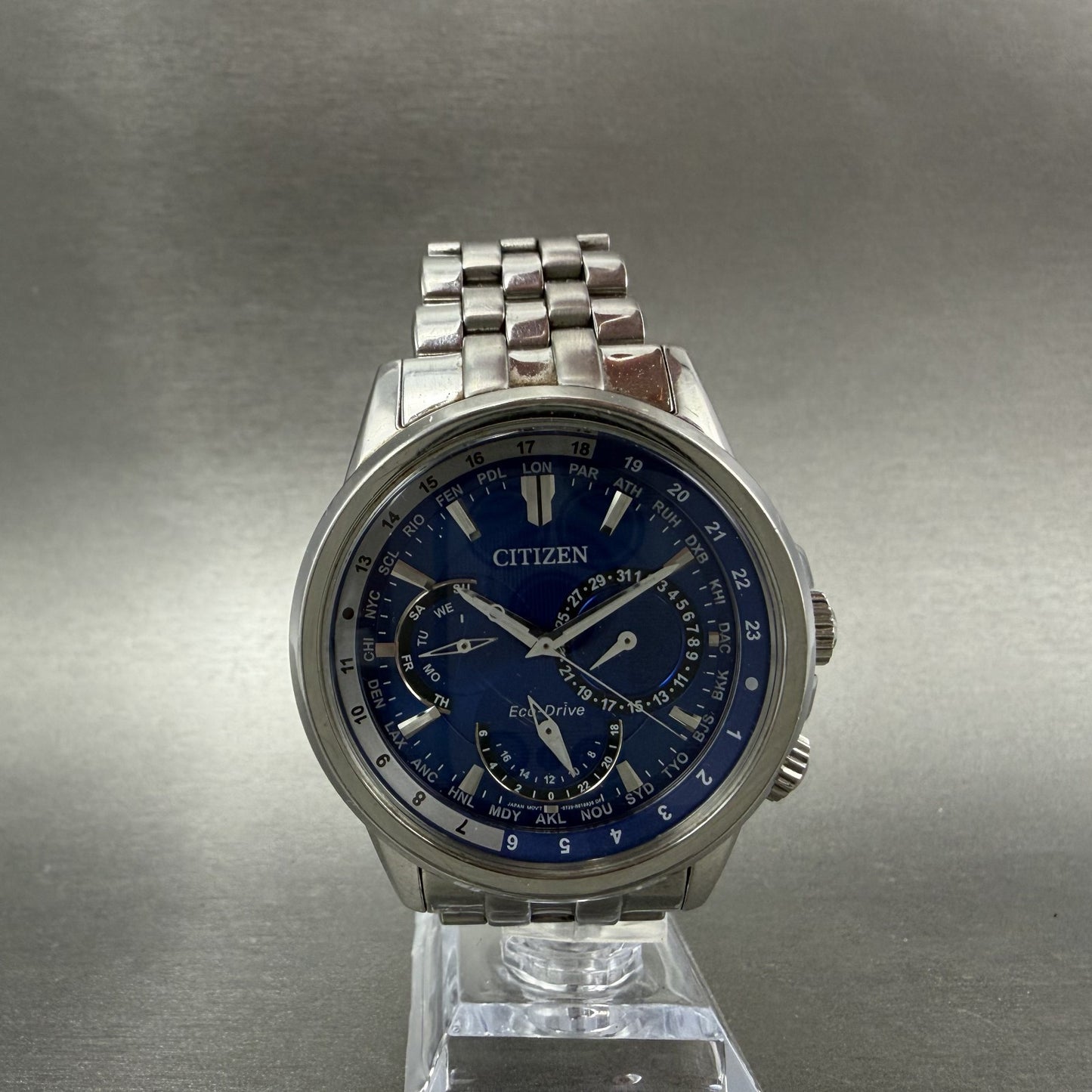 Citizen Eco-Drive Calendrier Watch Men 44mm Blue Dial Steel Daydate BU2021 Runs5