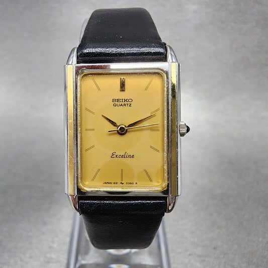 Seiko Exceline Tank Watch Women 19mm Gold Dial Two Tone Rectangle New Battery0