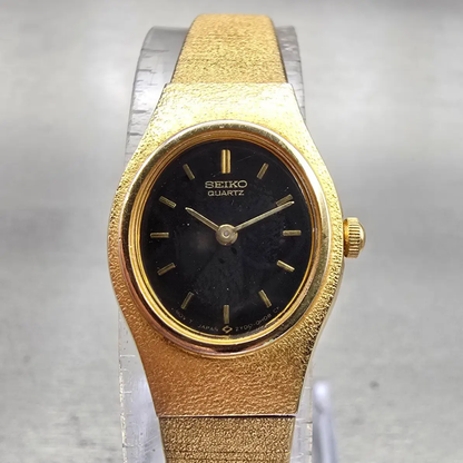 Seiko Watch Women 17mm Black Dial Gold Tone Oval 2Y00-5E29 New Battery Vintage0