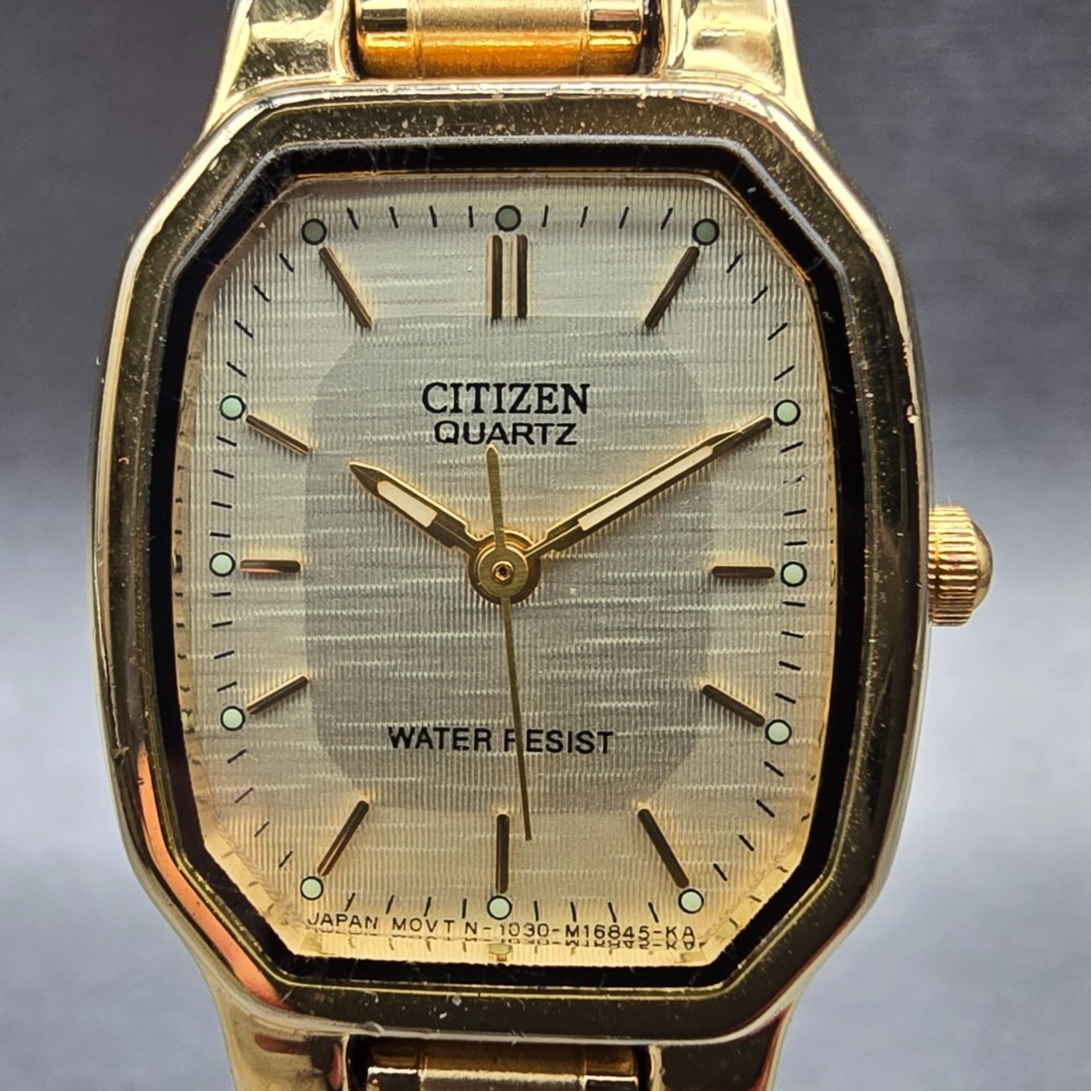 Citizen Watch Women 20mm Champagne Dial Gold Tone Rectangle 1032-B00829 New Batt1