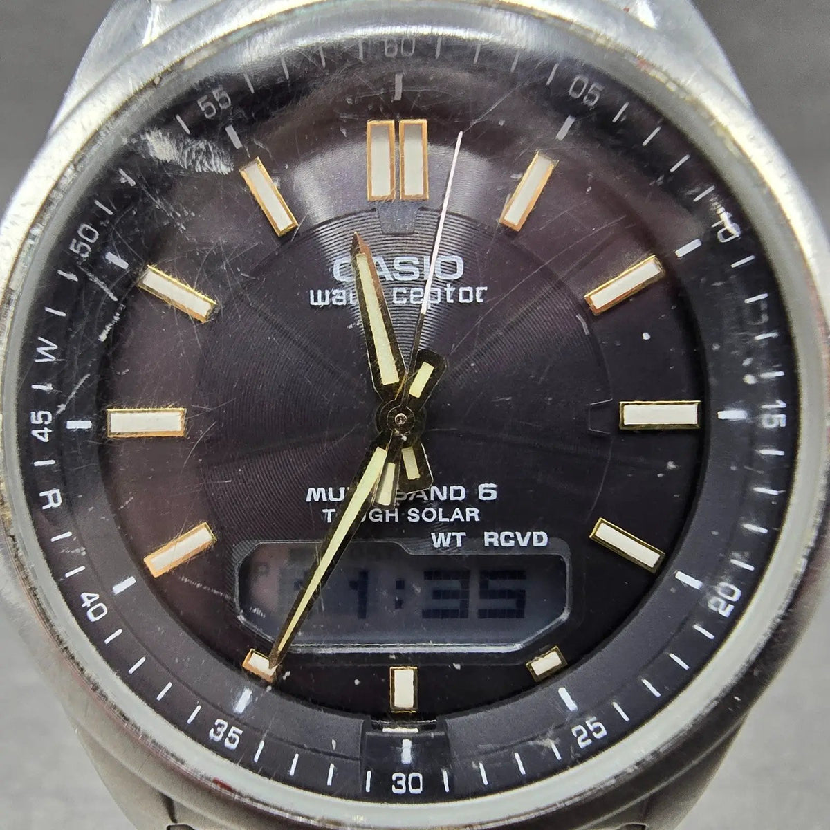 Casio Wave Ceptor Watch Men 42mm Black Dial Steel Solar Analog Digital Works JPl1