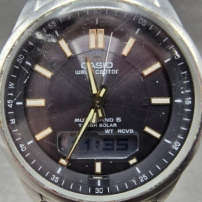 Casio Wave Ceptor Watch Men 42mm Black Dial Steel Solar Analog Digital Works JPl1