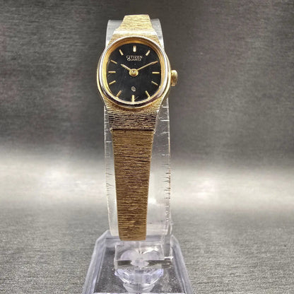 Citizen CQ Watch Women 17mm Black Dial Gold Tone Oval 3220-S16598 New Battery TR5