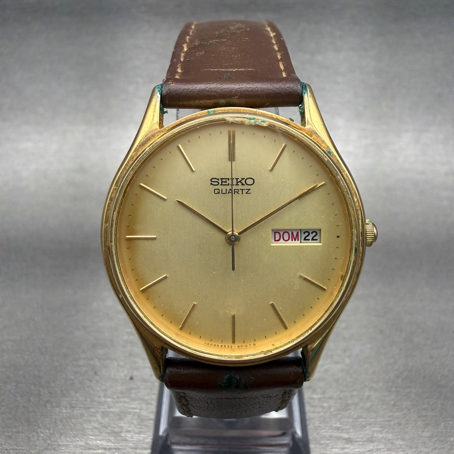 Seiko Watch Men 34mm Gold Dial Gold Tone Daydate Round 6533-8019 New Battery0