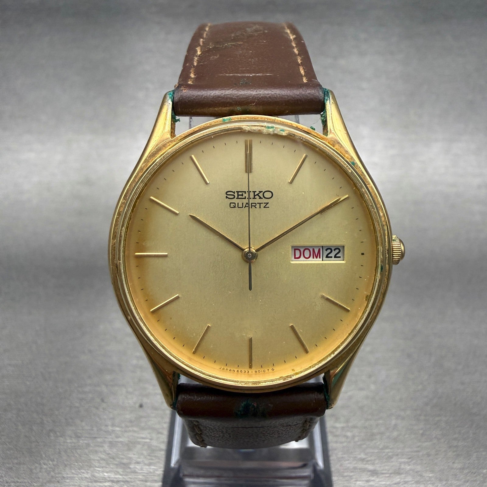 Seiko Watch Men 34mm Gold Dial Gold Tone Daydate Round 6533-8019 New Battery0