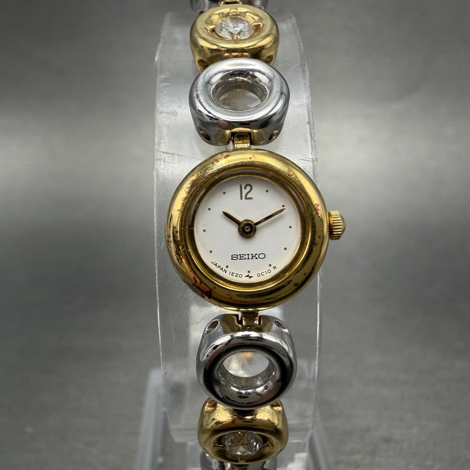 Seiko Watch Women 14mm White Dial Two Tone Round 1E20-0C20 New Battery Vintage0