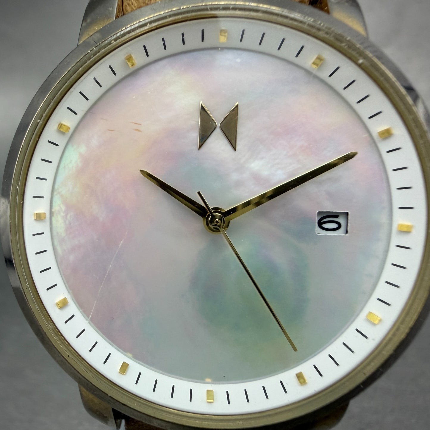 MVMT Boulevard Watch Women 38mm MOP Dial Gold Tone Date Leather New Battery1