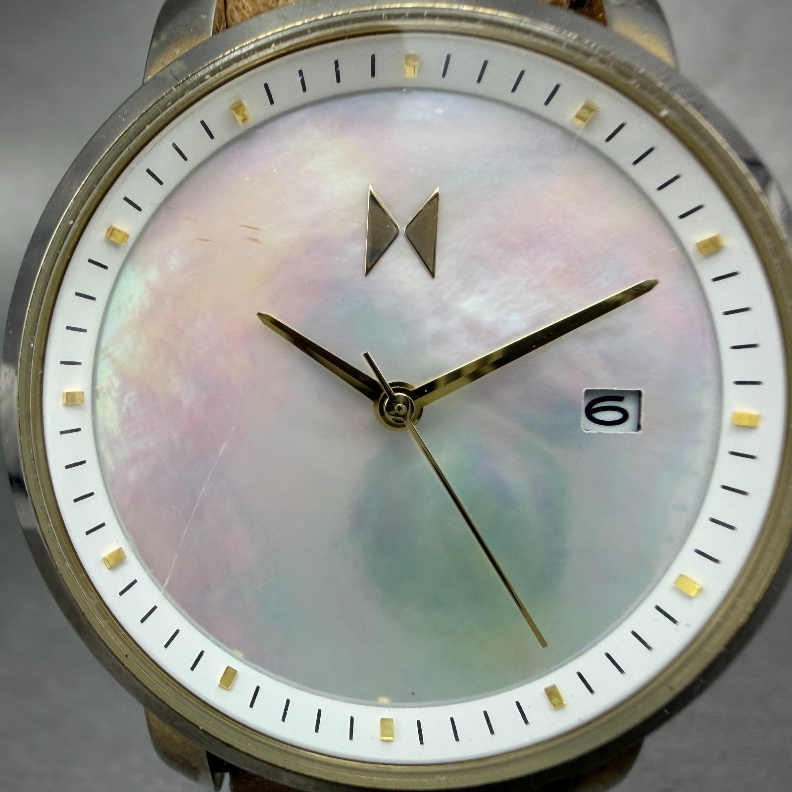 MVMT Boulevard Watch Women 38mm MOP Dial Gold Tone Date Leather New Battery1