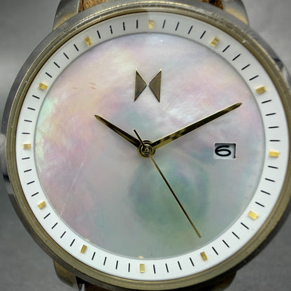 MVMT Boulevard Watch Women 38mm MOP Dial Gold Tone Date Leather New Battery1