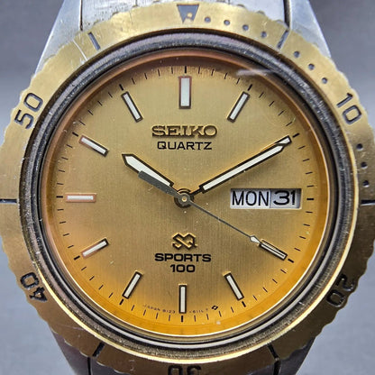 Seiko SQ Sports 100 Dive Watch Men 37mm Champagne Dial Two Tone Daydate PARTS2