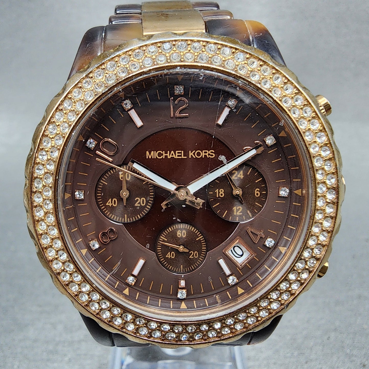 Michael kors Madison Watch Women 42mm Brown Dial Two Tone Date Chrono New Batt1