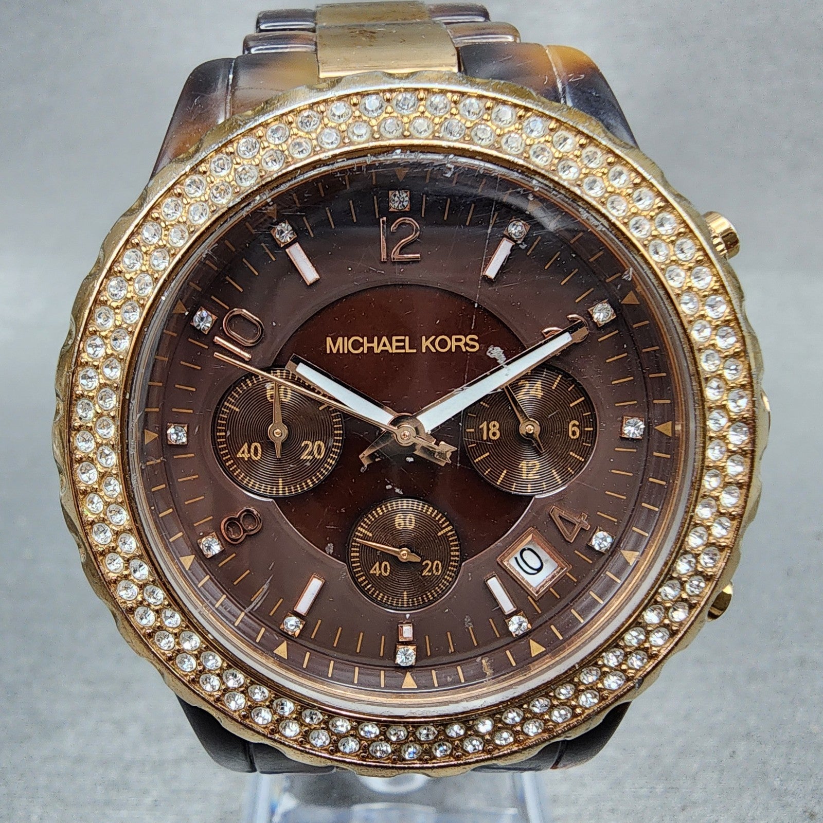 Michael kors Madison Watch Women 42mm Brown Dial Two Tone Date Chrono New Batt1