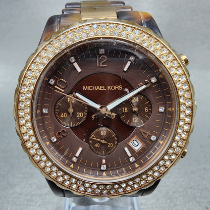 Michael kors Madison Watch Women 42mm Brown Dial Two Tone Date Chrono New Batt1