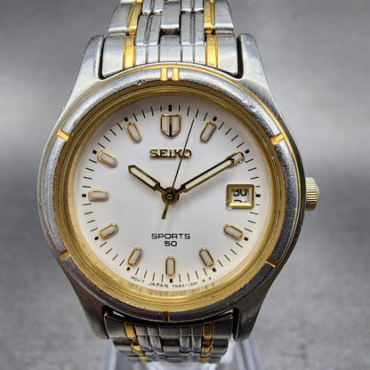 Seiko Sports 50 Watch Women 26mm White Dial Two Tone Date Round 7N820539 Works1