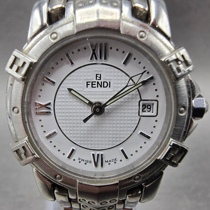 Fendi Watch Women 26mm White Dial Silver Tone Date Round 3500L New Battery1