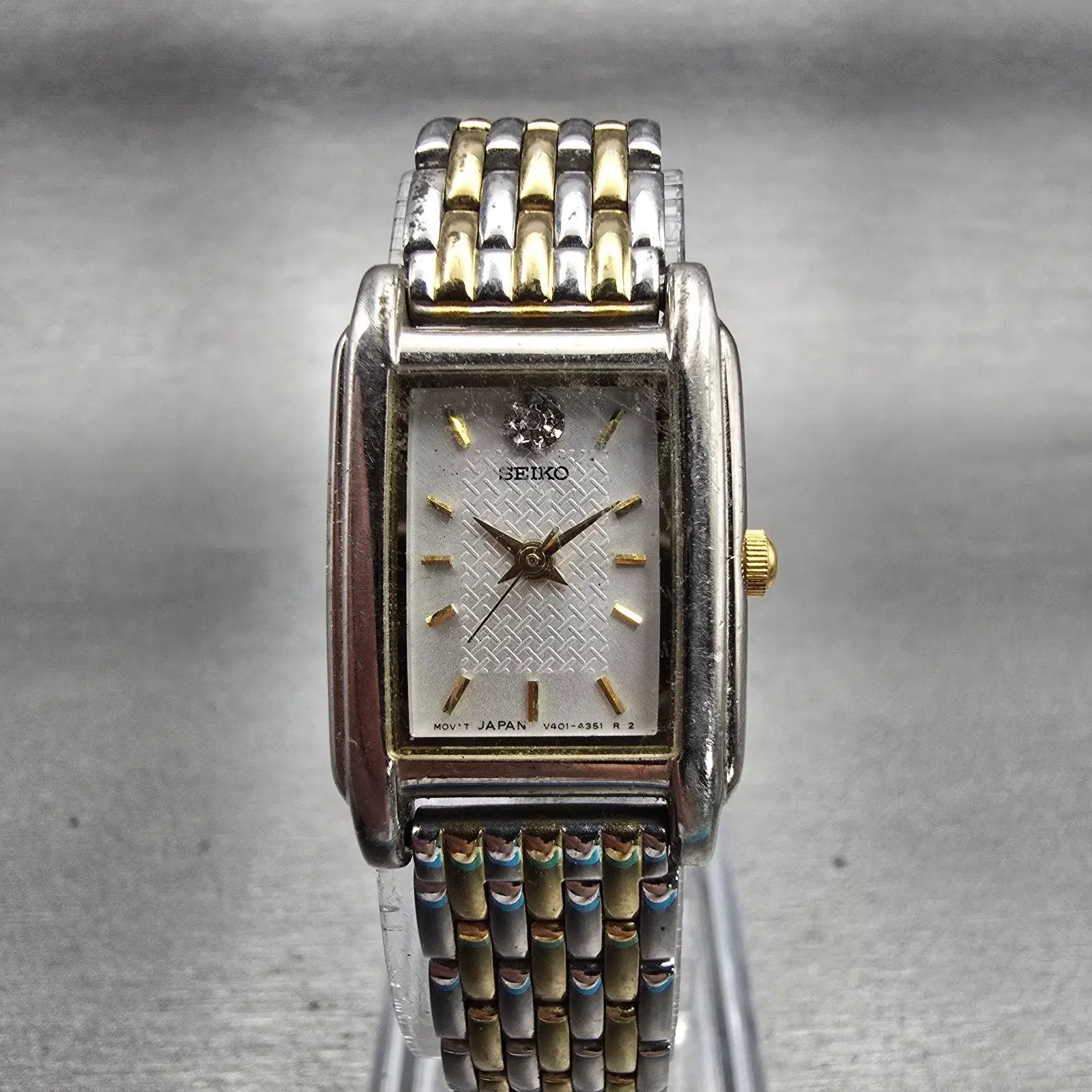 Seiko Watch Women 18mm Silver Dial Two Tone Rectangle V401-5660 New Battery VTG0