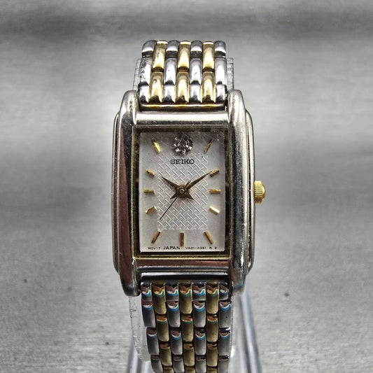 Seiko Watch Women 18mm Silver Dial Two Tone Rectangle V401-5660 New Battery VTG0