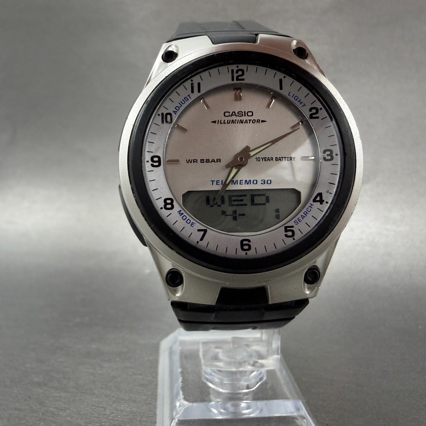 Casio Illuminator Watch Men 40mm Analog Digital Silver Alarm Chrono AW-80 NewBat5