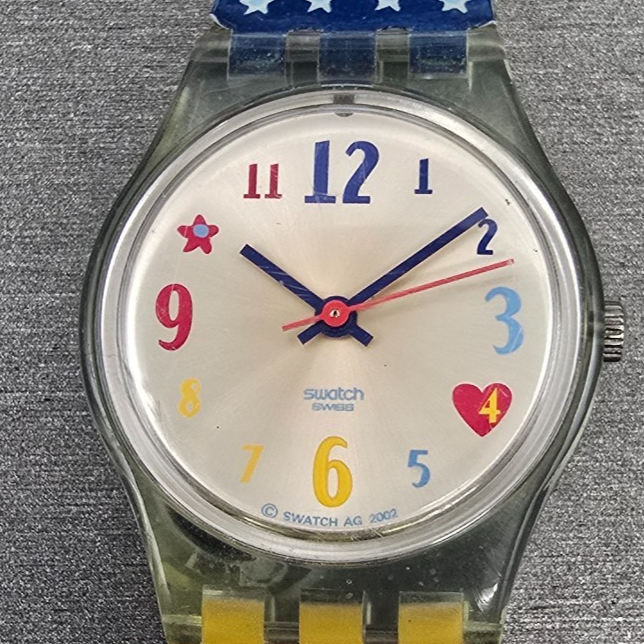 Swatch Kid's Patchwork Watch Women 25mm Silver Dial Clear Case LN141 New Battery1