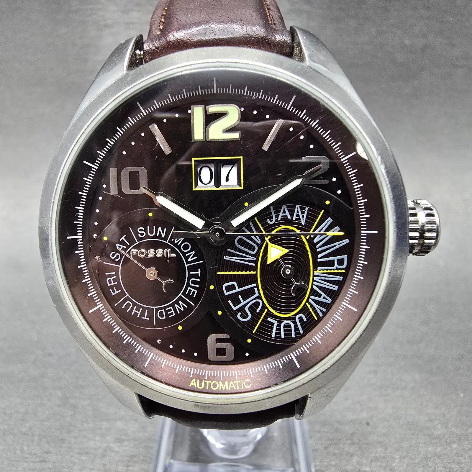 Fossil Automatic Watch Men 45mm Brown Dial Steel Triple Calendar ME1031 Runs0