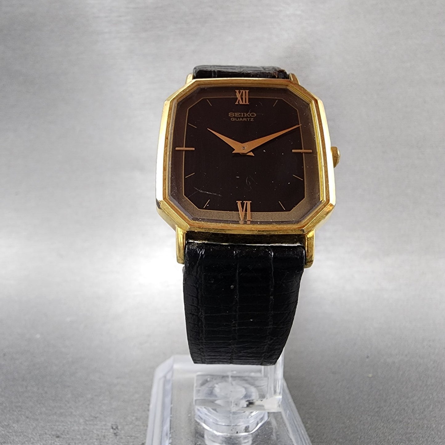 Seiko Watch Men 28mm Black Dial Gold Tone Octagon 65305210 New Battery5
