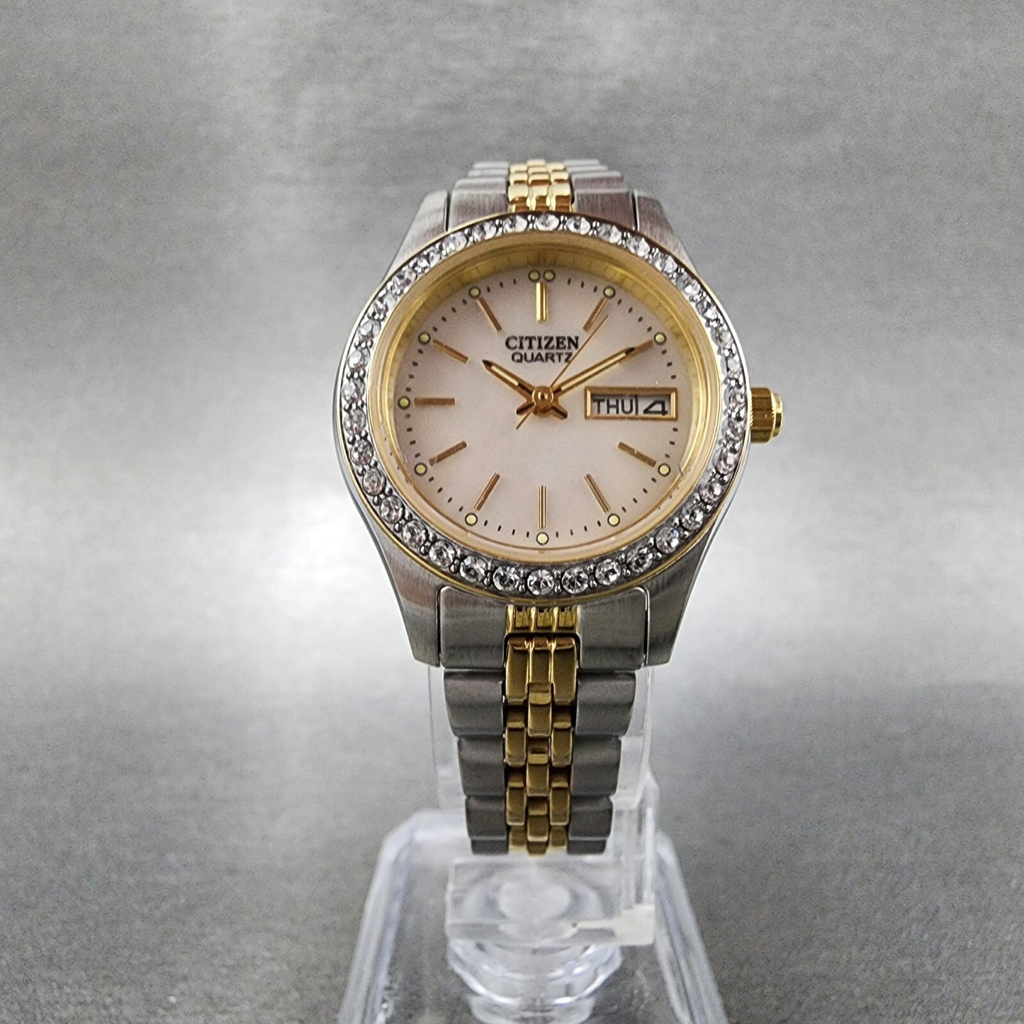 Citizen Watch Women 26mm MOP Dial Crystal Bezel Two Tone Daydate EQ0534-50D