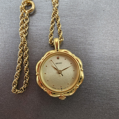 Seiko Necklace Watch Women 21mm Champagne Dial Gold Tone 1f210a10 New Battery0