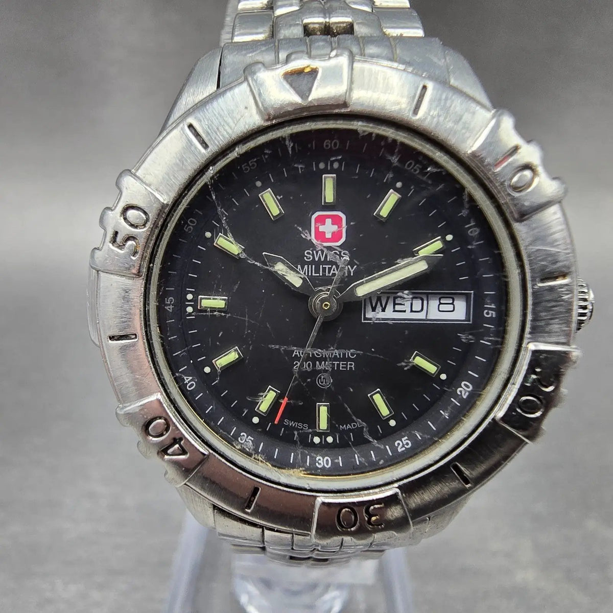 Swiss Military Automatic Dive Watch Women 30mm Black Dial Steel Daydate Works0
