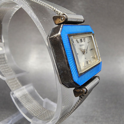VTG Seiko Watch Women 22mm Silver Dial Blue bezel Silver Case Octagon Runs3