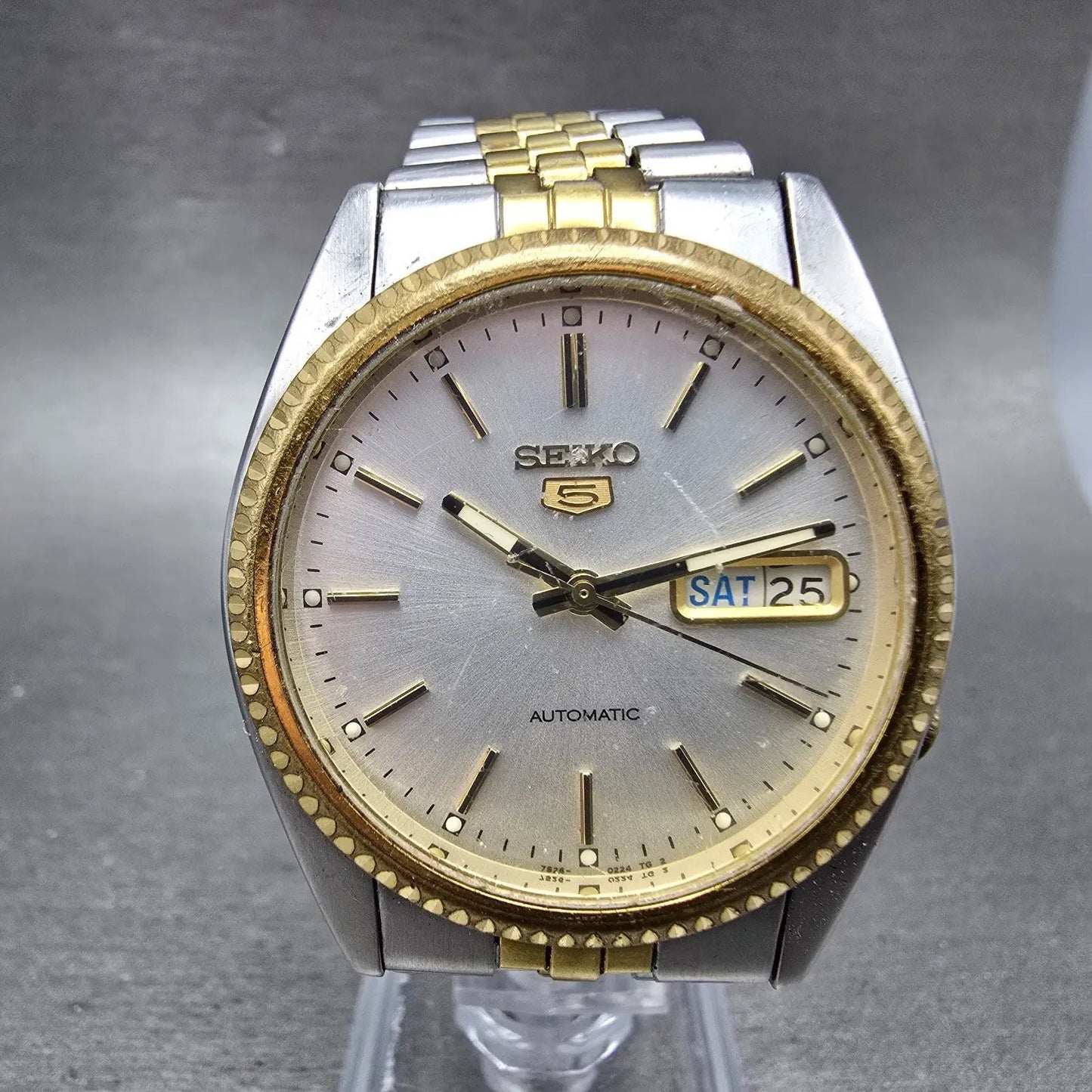Seiko 5 Automatic President Watch Men 36mm Silver Dial Two Tone Daydate VTG Runs0