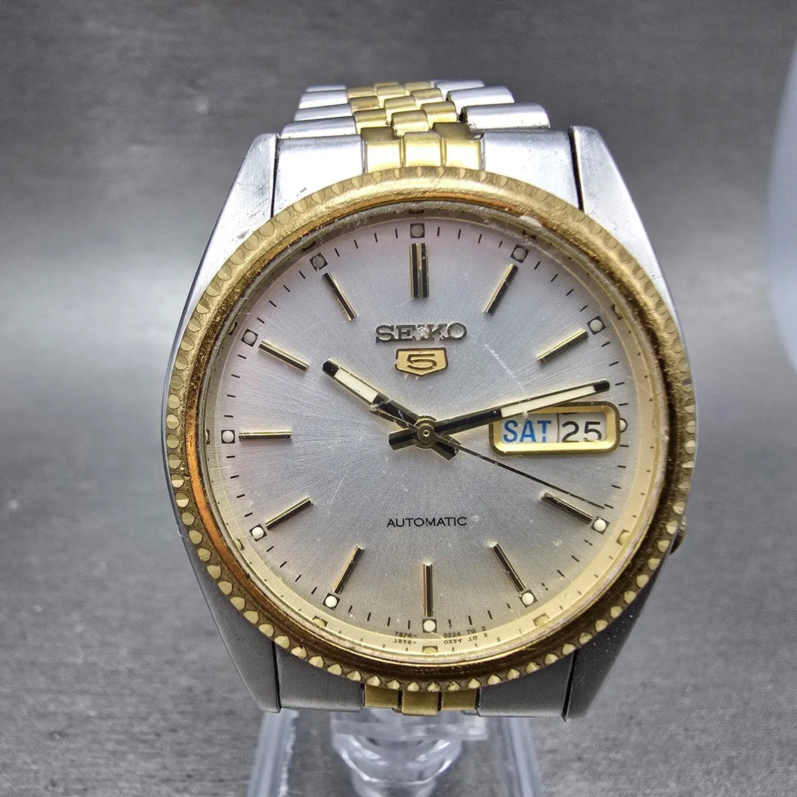 Seiko 5 Automatic President Watch Men 36mm Silver Dial Two Tone Daydate VTG Runs0