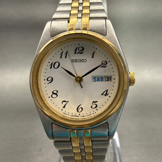 Seiko Watch Women 24mm White Dial Two Tone Daydate Round 7N83-0011 New Battery0