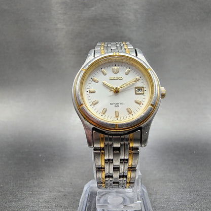 Seiko Sports 50 Watch Women 26mm White Dial Two Tone Date Round 7N820539 Works5