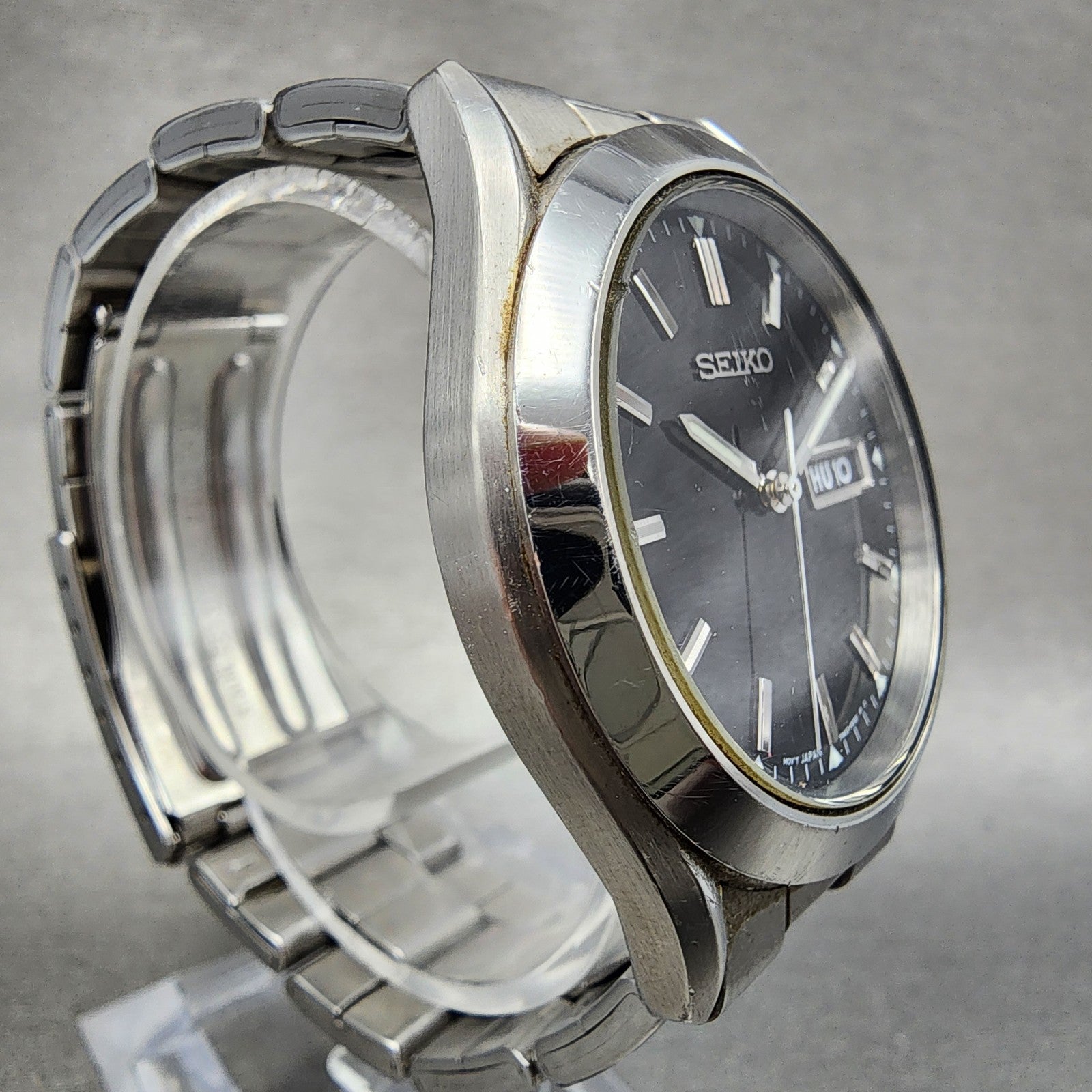 Seiko Watch Men 37mm Black Dial Silver Tone Daydate Round 7N439070 New Battery3