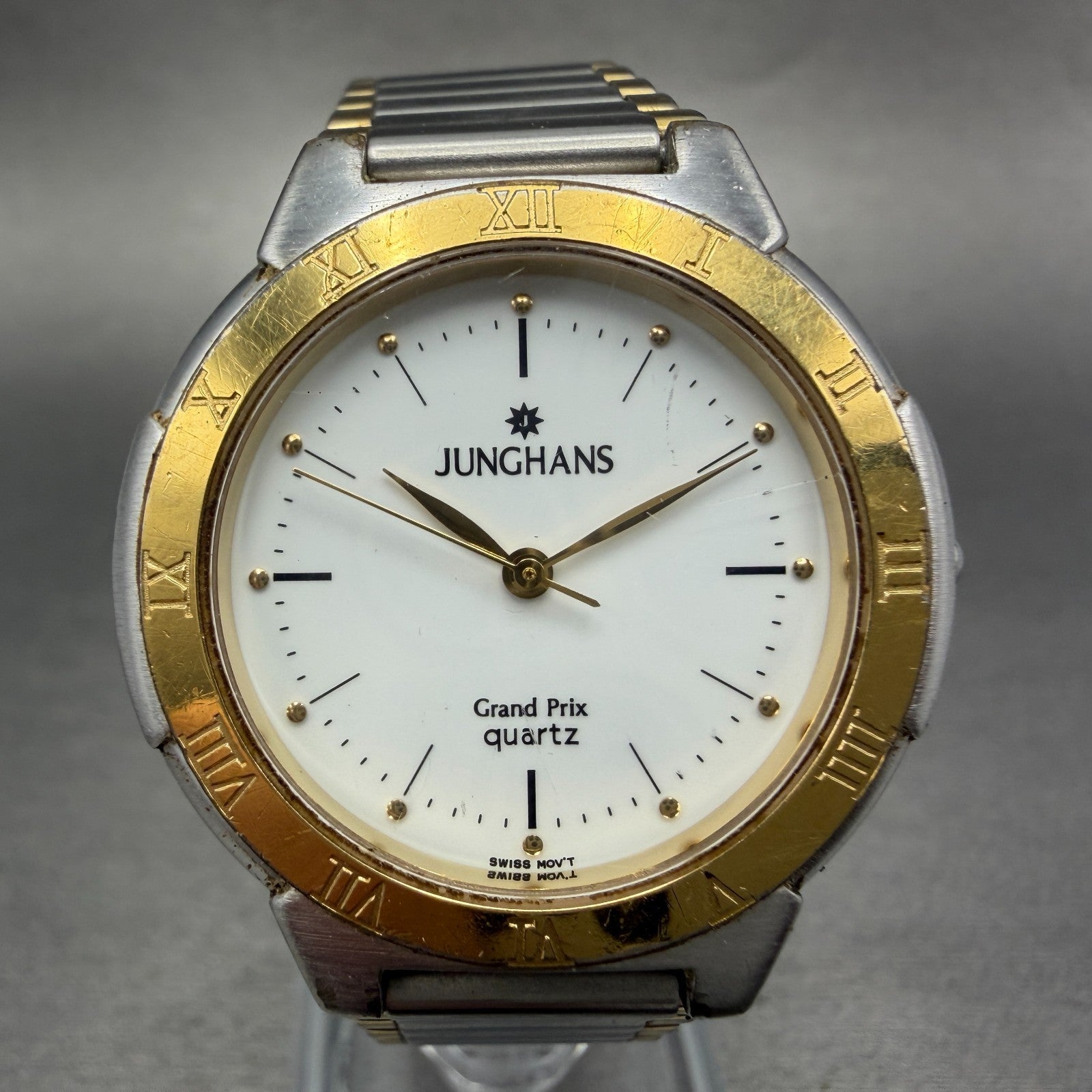 Junghans Grand Prix Watch Men 33mm White Dial Two Tone Round 11024 New Battery0