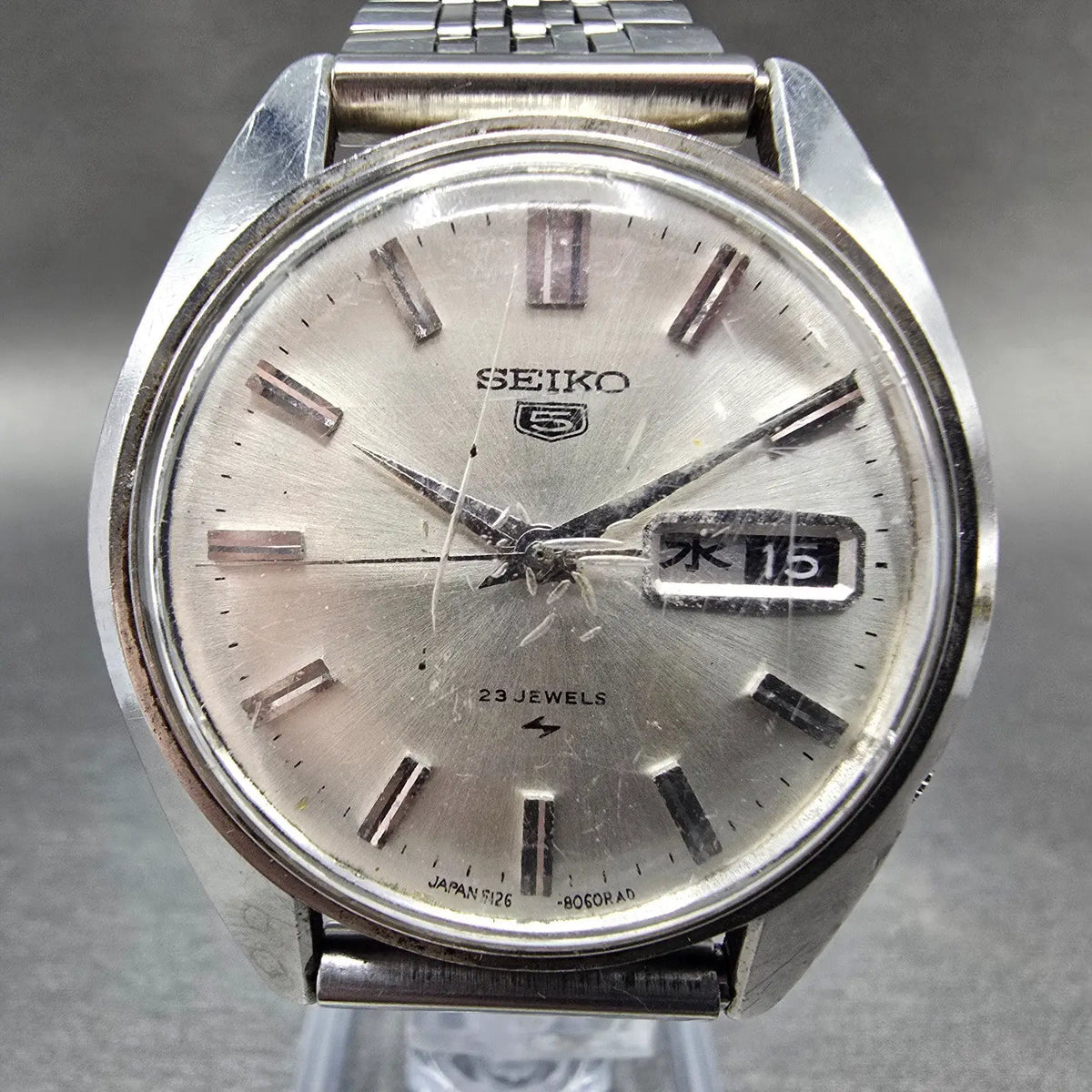 Seiko 5 Automatic Watch Men 37mm Silver Dial Steel Daydate 5126-8060 Round Runs0