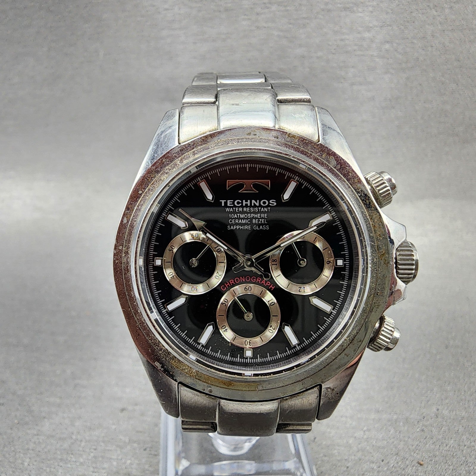 Technos Chronograph Watch Men 39mm Black Dial Silver Tone Round New Battery0