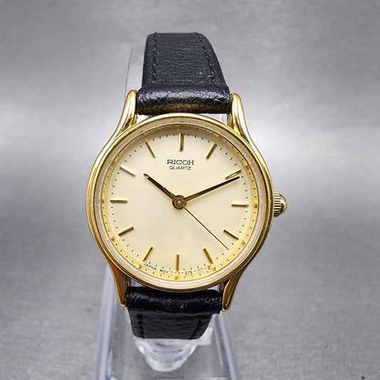 Ricoh Watch Women 25mm Champagne Gold Tone Round Leather Band New Battery0