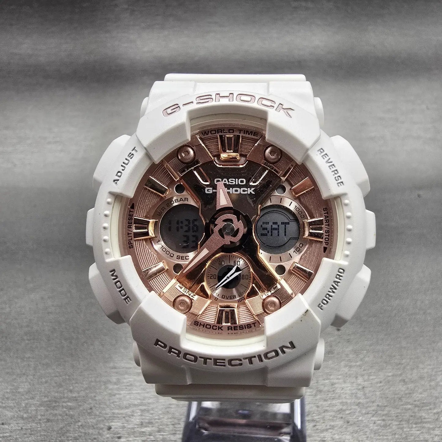Casio G-Shock GMA-S120MF Watch Women 45mm Rose Gold White Chronograph New Batt0