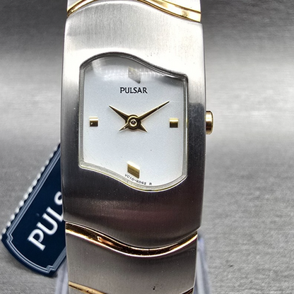 Seiko Pulsar Watch Women 18mm White Dial Two Tone Rectangle VC10-X037 New Batt1