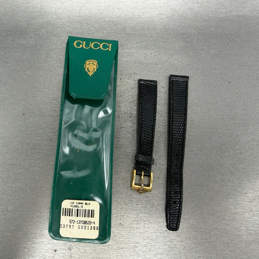 Gucci Leather Band 13mm Black Leather Gold Buckle Vintage Two Piece Lizard0