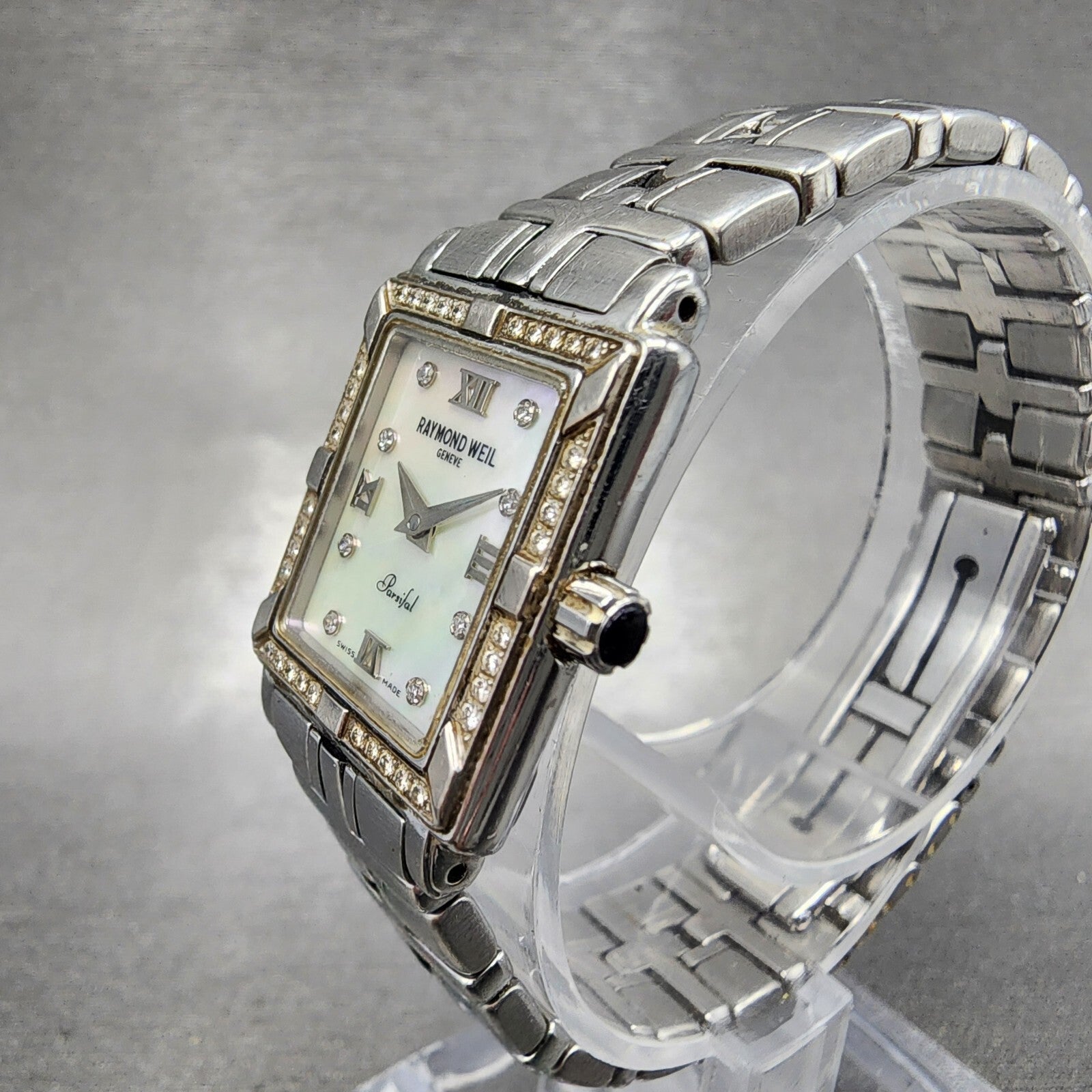 Raymond Weil Parsifal Tank Watch Women 19mm MOP Dial Steel Diamonds New Battery2