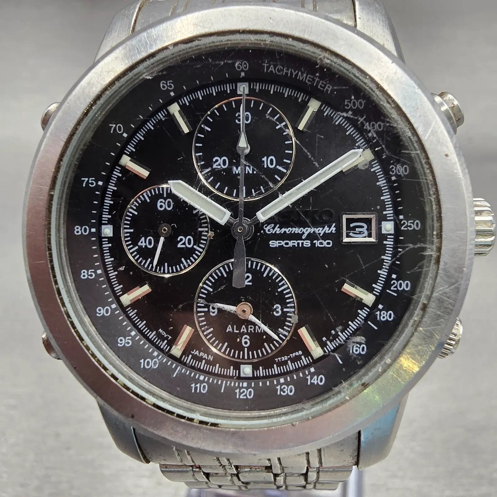 Seiko Sports 100 Chronograph Watch Men 37mm Black Dial Silver 7T32-7D89 New Batt1