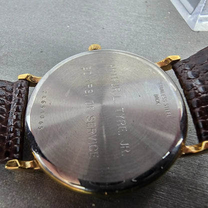 Longines Watch Men 32mm Gold Dial Gold Tone Round Leather Band New Battery VTG9
