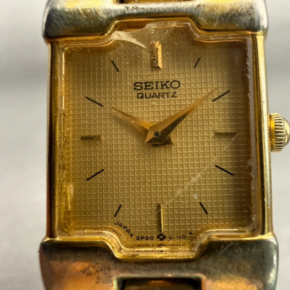 Seiko Watch Women 17mm Gold Dial Gold Tone Rectangle 2P20-5E60 New Battery VTG1