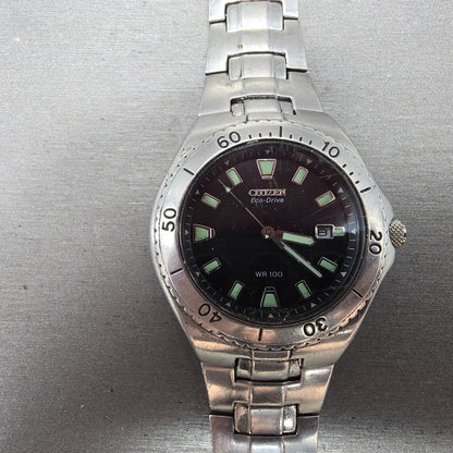 Citizen Eco-Drive Watch Men 40mm Black Dial Silver Tone Date E110-K000432 PARTSP0