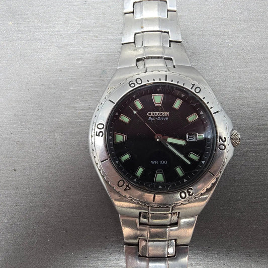 Citizen Eco-Drive Watch Men 40mm Black Dial Silver Tone Date E110-K000432 PARTSP0
