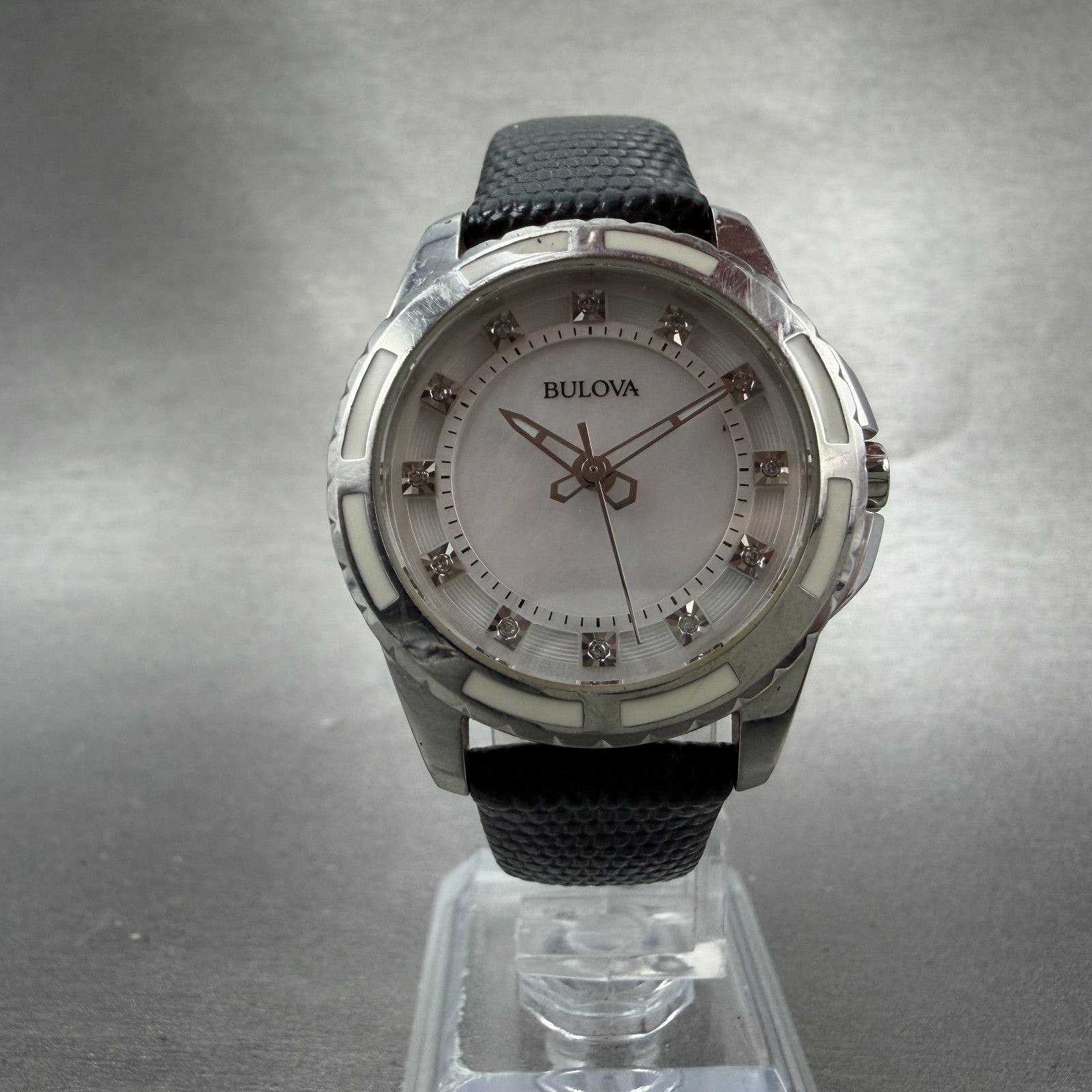 Bulova Watch Women 32mm MOP Dial Silver Tone Round Diamond 98P139 New Battery5